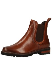 Bottines Chelsea en cuir marron avec panneaux latéraux élastiques, bout rond et finition texturée. Présentent un petit talon empilé et une semelle en caoutchouc.