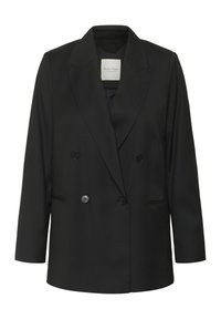 Černý dvoubarevný blazer vyrobený z hladké tkaniny, s klopovým límcem, dvěma předními kapsami a zaoblenými spadlými rameny.