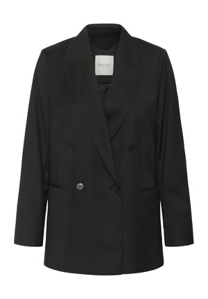 Melnas divrindas blazera, izgatavots no gludas auduma, ar izgrieztu apkakli, divām priekšējām kabatām un noapaļotiem nokareniem pleciem.