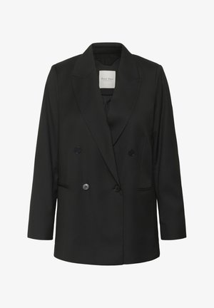 Melnas divrindas blazera, izgatavots no gludas auduma, ar izgrieztu apkakli, divām priekšējām kabatām un noapaļotiem nokareniem pleciem.