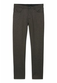 Tmavě šedé kalhoty z elastické tkaniny, s klasickým pětikapsovým designem a zapínáním na knoflík, s jemnou texturovanou povrchovou úpravou.