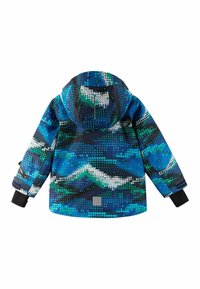 Bunte Jacke mit einem pixelierten Muster in Blau, Grün und Schwarz, ausgestattet mit einer Kapuze und schwarzen Bündchen. Wasserabweisendes Material, leicht gepolsterte Verarbeitung.