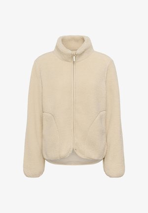Veste en polaire beige avec fermeture éclair frontale complète, col montant, manches longues et deux poches latérales, présentée sur fond blanc.