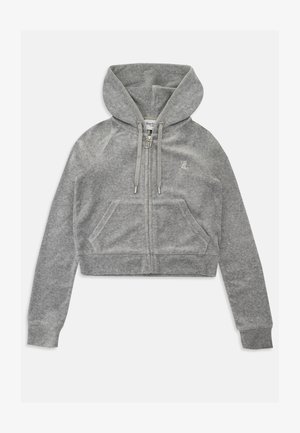 Cropped gray hoodie in soft fabric with a zip closure, ribbed hem, two front pockets, and drawstrings at the hood. Subtle logo detail.