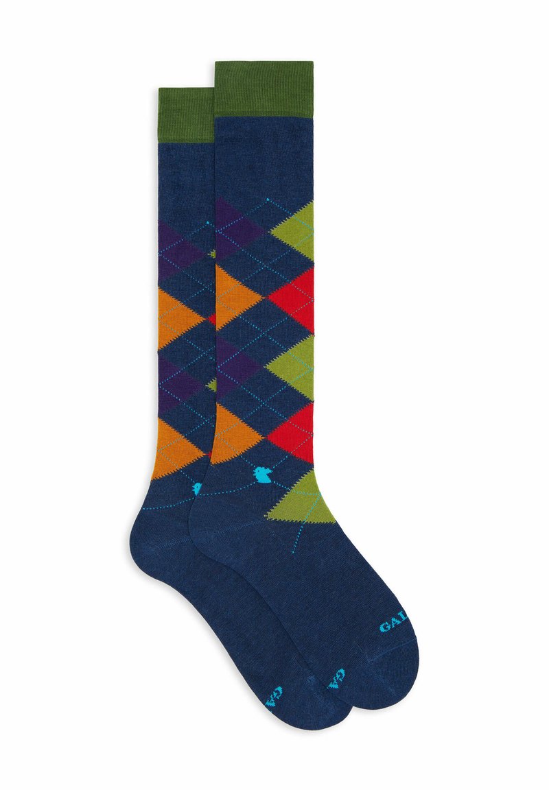 Knee-high socks in dark blue with a green ribbed cuff. Features a colorful argyle pattern in red, orange, purple, and green.