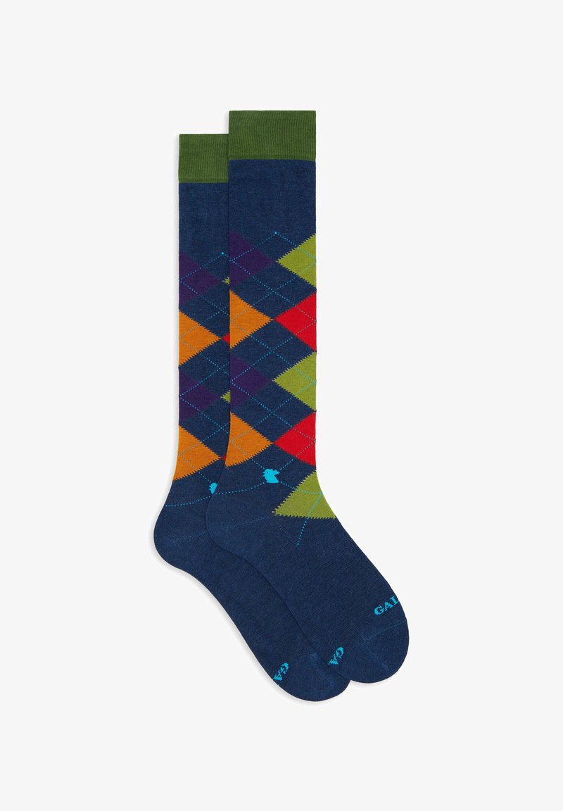 Knee-high socks in dark blue with a green ribbed cuff. Features a colorful argyle pattern in red, orange, purple, and green.