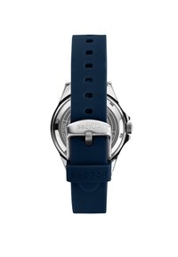 Orologio Sector con bracciale in silicone blu, cinturino in acciaio inossidabile e cassa rotonda argentata. Il retro presenta un design testurizzato e il logo.