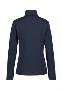 Haut à manches longues bleu marine avec une surface texturée et un col lisse contrastant ; présente une coupe droite et aucune fermeture visible.