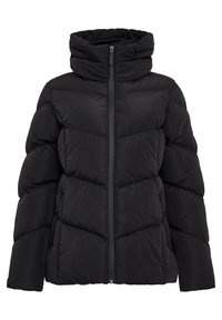 Veste matelassée noire avec col haut, design matelassé, poches latérales et fermeture éclair frontale. Fabriquée en matière lisse et isolante.