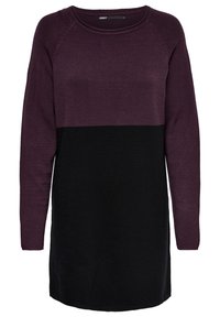Abito maglione in maglia con scollatura rotonda, caratterizzato dalla parte superiore di colore viola scuro e la parte inferiore nera, realizzato in un morbido tessuto testurizzato.