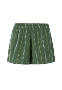 Shorts verts en tissu léger avec des rayures verticales jaunes et vert clair, ceinture élastique et coupe ample.