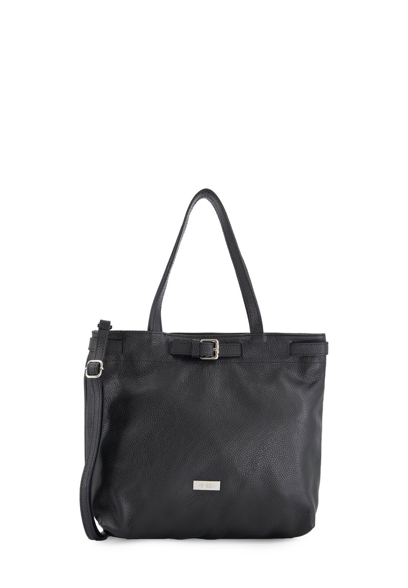 Sort læder tote bag med tekstureret overflade, to top håndtag, aftagelig skulderrem og en diskret metal logo accent.