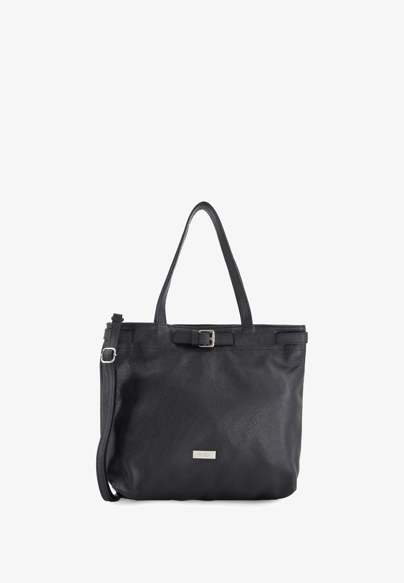 Sort læder tote bag med tekstureret overflade, to top håndtag, aftagelig skulderrem og en diskret metal logo accent.