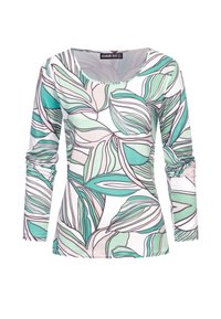 Haut à manches longues présentant un motif de feuilles en teal, vert menthe et rose clair sur un fond blanc. Design sans col en tissu doux.