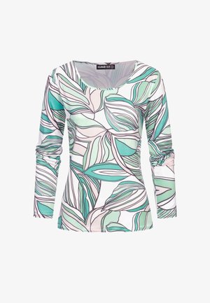 Maglia a maniche lunghe con motivo a foglie in teal, verde menta e rosa chiaro su sfondo bianco. Design senza colletto realizzato in tessuto morbido.