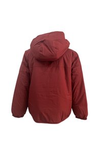 Giacca imbottita rossa con cappuccio, polsini elasticizzati e una superficie liscia. Nessuna cerniera o tasche visibili. Colore solido con un design minimalista.