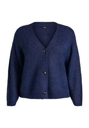 Tummansininen neulecardigan, jossa on V-kaula-aukko, pitkät hihat ja viisi mustaa nappia edessä. Teksturoidut kankaat ribbisaumalla.