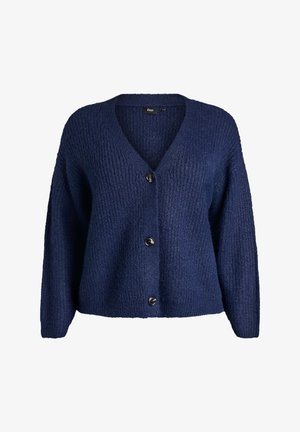Tummansininen neulecardigan, jossa on V-kaula-aukko, pitkät hihat ja viisi mustaa nappia edessä. Teksturoidut kankaat ribbisaumalla.