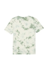 Kurzärmliges T-Shirt in Creme mit grünem Batikmuster. Aus Baumwollmaterial, mit Rundhalsausschnitt, lockerer Passform und gesticktem Saum.