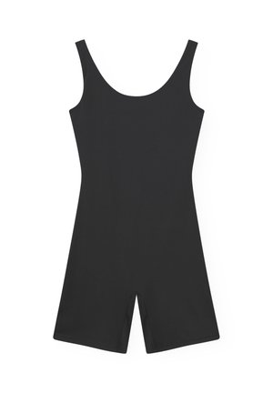 Combinaison noire sans manches, ajustée, avec un col en U et un short longueur mi-cuisse, présentée à plat sur fond blanc.