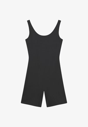 Combinaison noire sans manches, ajustée, avec un col en U et un short longueur mi-cuisse, présentée à plat sur fond blanc.