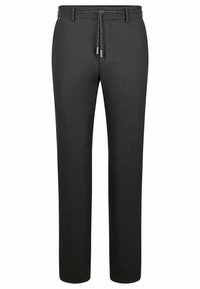 Pantalones negros de tela texturizada, con una cinturilla ajustable y corte recto, adecuados para un atuendo casual o semi-formal.