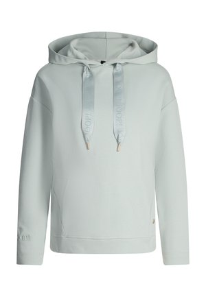 Sweat à capuche vert menthe clair avec cordon de serrage, texture douce, poche kangourou et logo sur la manche. Design simple et coupe décontractée.