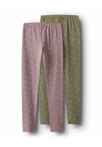 Leggings rosa e verdi con motivi floreali, caratterizzati da bande elastiche in vita e una texture liscia. Due paia impilati verticalmente.