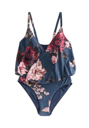 Costume intero blu navy con spalline regolabili e grande stampa floreale rosa, rossa e bianca sulla parte superiore in tessuto stile incrociato.