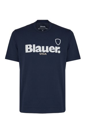 T-shirt in cotone blu marino con un grande logo bianco "Blauer" e il testo "USA". Collo rotondo e maniche corte. Design semplice.