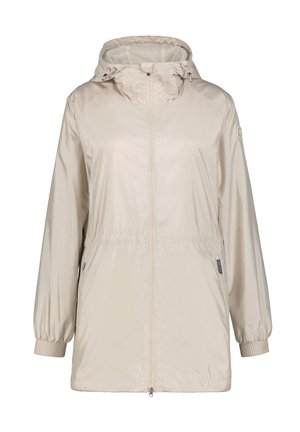 Hellbeige Kapuzen-Windjacke mit Frontreißverschluss, elastischen Bündchen, seitlichen Reißverschlusstaschen und verstellbaren Kapuzenkordeln.