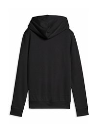 Black hooded sweatshirt with long sleeves, featuring a smooth texture, ribbed cuffs and hem, and a relaxed fit without front detailing.