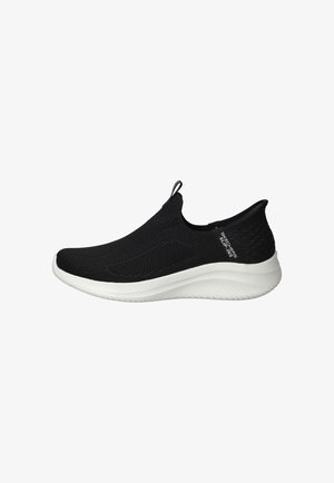 Black slip-on sneaker with a textured mesh upper and white sole. Features a rear pull tab and subtle branding on the side. Smooth, lightweight design.