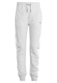 Graue Jogginghose aus weichem Stoff, mit weißen Seitenpanelen, einem elastischen Bund mit Kordelzug und Bündchen an den Knöcheln. Kleines Logo auf der Vorderseite.