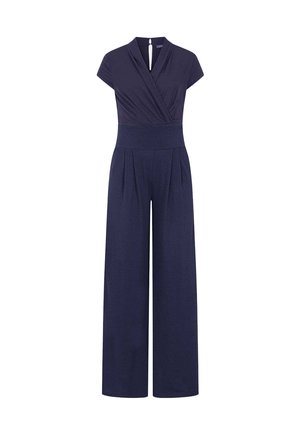 Navyblauwe jumpsuit met korte mouwen, V-hals wikkelshirt, brede tailleband en broek met wijde pijpen.