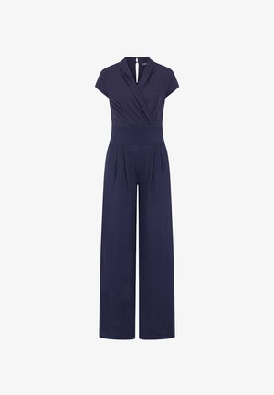 Navyblauwe jumpsuit met korte mouwen, V-hals wikkelshirt, brede tailleband en broek met wijde pijpen.