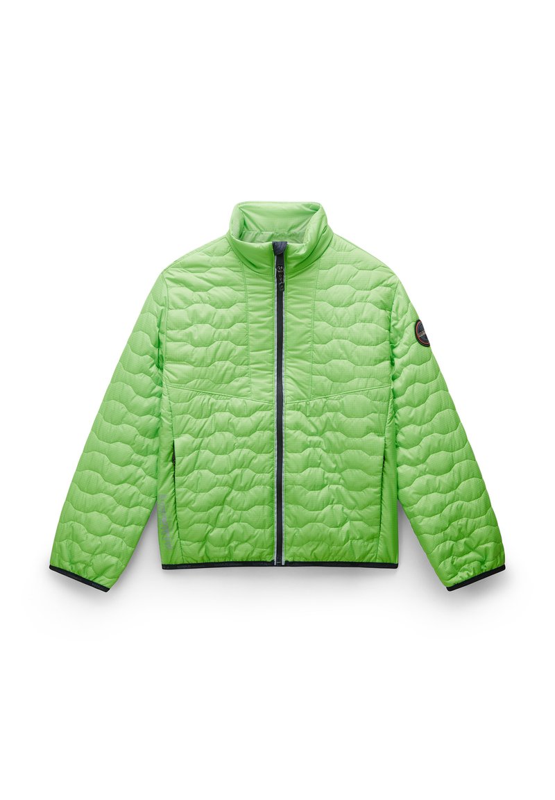 Chaqueta acolchada en verde brillante, con un alto cuello, cierre delantero con cremallera y ribetes negros en los puños y el dobladillo. Patrón de superficie texturada.