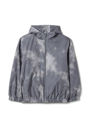 Grijze capuchonvest met ritssluiting, elastische manchetten en zoom, met een bewolkt tie-dye patroon.