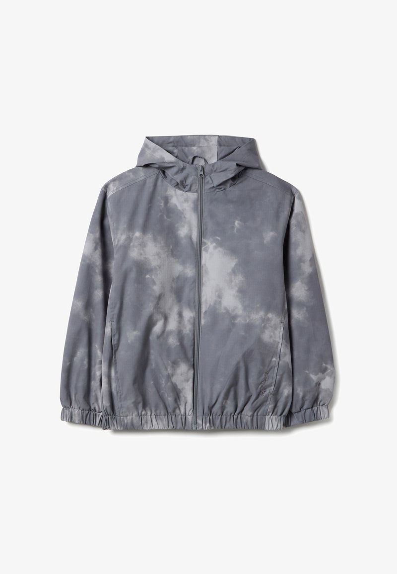 Grijze capuchonvest met ritssluiting, elastische manchetten en zoom, met een bewolkt tie-dye patroon.