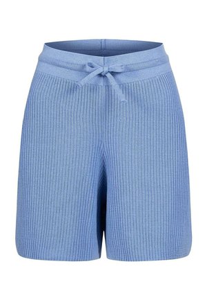 Shorts côtelés bleu clair avec une taille élastique, dotés d'un lien de serrage. Sa texture douce et son design décontracté améliorent le confort et l'ajustement.