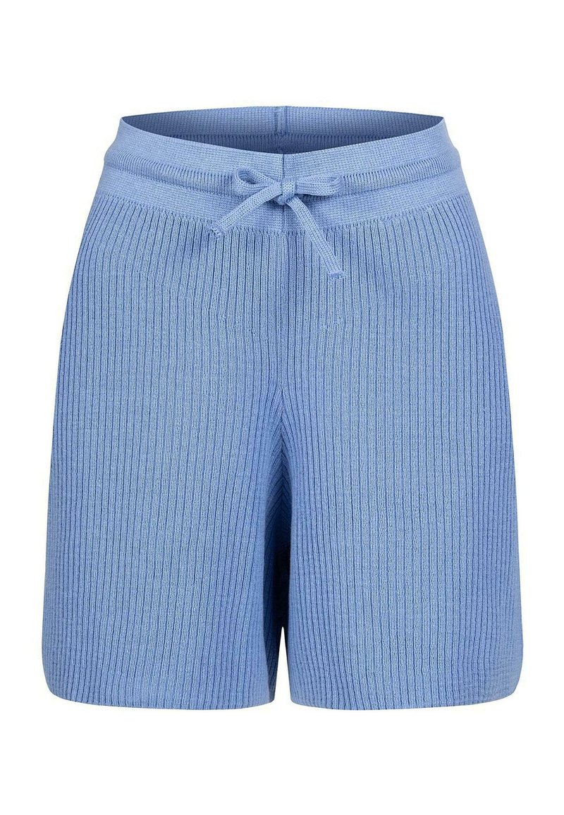 Shorts côtelés bleu clair avec une taille élastique, dotés d'un lien de serrage. Sa texture douce et son design décontracté améliorent le confort et l'ajustement.