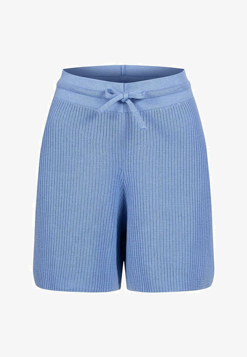 Shorts côtelés bleu clair avec une taille élastique, dotés d'un lien de serrage. Sa texture douce et son design décontracté améliorent le confort et l'ajustement.