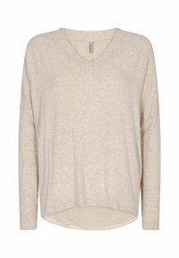 Beige long-sleeve V-neck sweater with a relaxed fit, made from soft fabric, featuring a slightly curved hem and no visible embellishments.