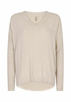 Beige langärmliger V-Ausschnitt Pullover mit lockerer Passform, aus weichem Stoff gefertigt, mit leicht geschwungener Säume und ohne sichtbare Verzierungen.