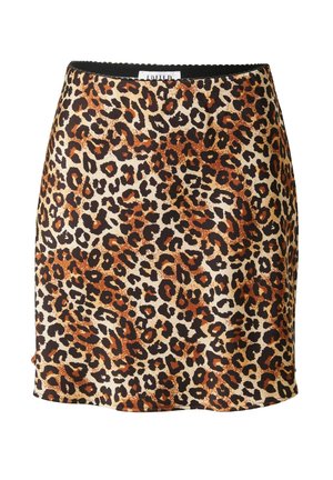 Mini-jurk met luipaardprint en een zijdezachte textuur, met tinten bruin en zwart op een beige achtergrond, en een effen tailleband.