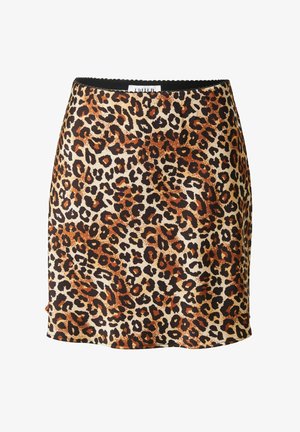 Mini-jurk met luipaardprint en een zijdezachte textuur, met tinten bruin en zwart op een beige achtergrond, en een effen tailleband.