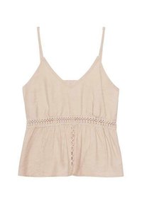 Top sin mangas color beige claro con escote en V, que presenta una banda de encaje de ganchillo y un diseño fruncido en la cintura. Tela suave, corte casual.