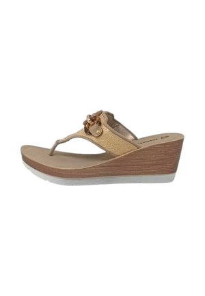 Sandalo beige con zeppa, cinturino testurizzato, fibbia decorativa marrone e suola platform marrone con motivo legno.
