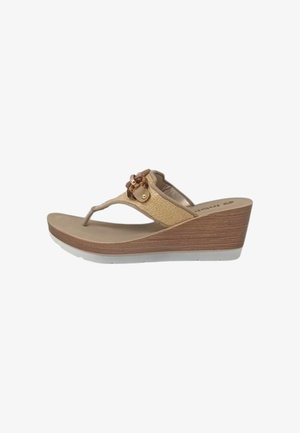 Sandalo beige con zeppa, cinturino testurizzato, fibbia decorativa marrone e suola platform marrone con motivo legno.