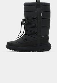 Black insulated winter boots with quilted upper, adjustable laces, reinforced sole, and logo accents for traction and support.